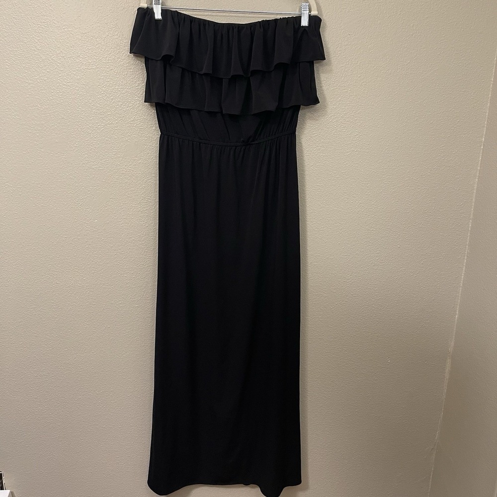 Suzi Chin Ruffle Top Strapless Maxi Dress Black Euro Vacation Boho Beach Size 8
